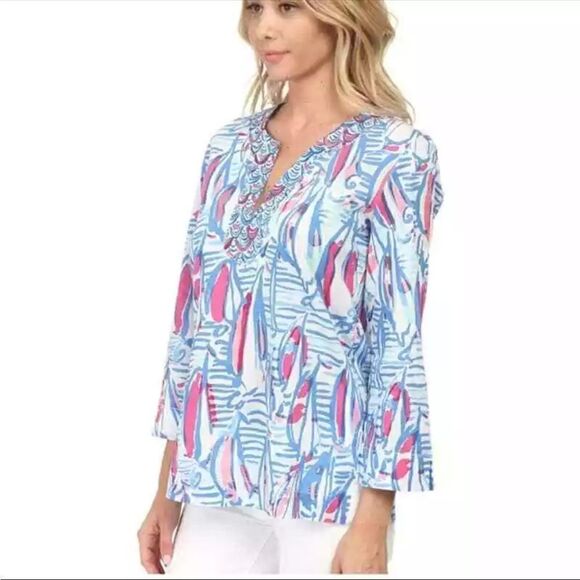 Lilly Pulitzer Amelia Tunic shirt top size small Red Right Return White blue - Picture 7 of 9